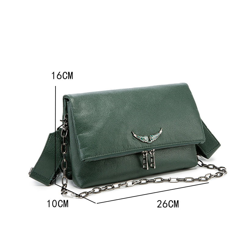 Emerald Green Wing Accent Leather Crossbody Bag – Chic Chain Shoulder Purse