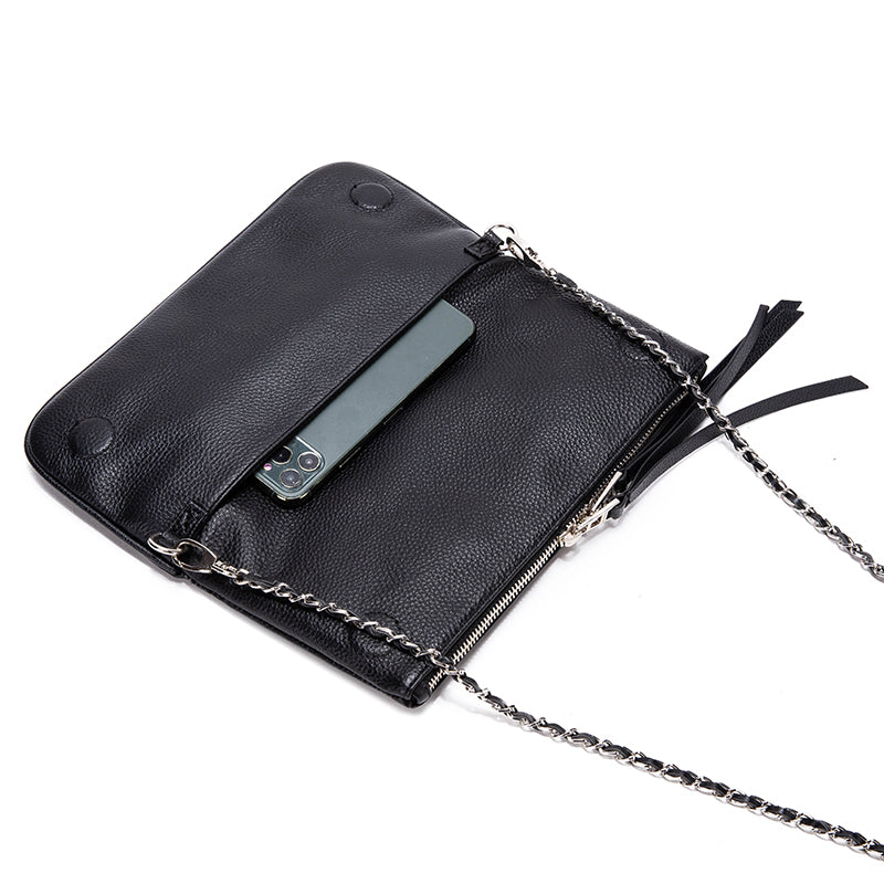 Wing Logo Black Leather Chain Clutch Bag – Minimal Luxury Crossbody PurseCompact, elegant, and versatile—this is the kind of bag that completes your outfit without trying too hard