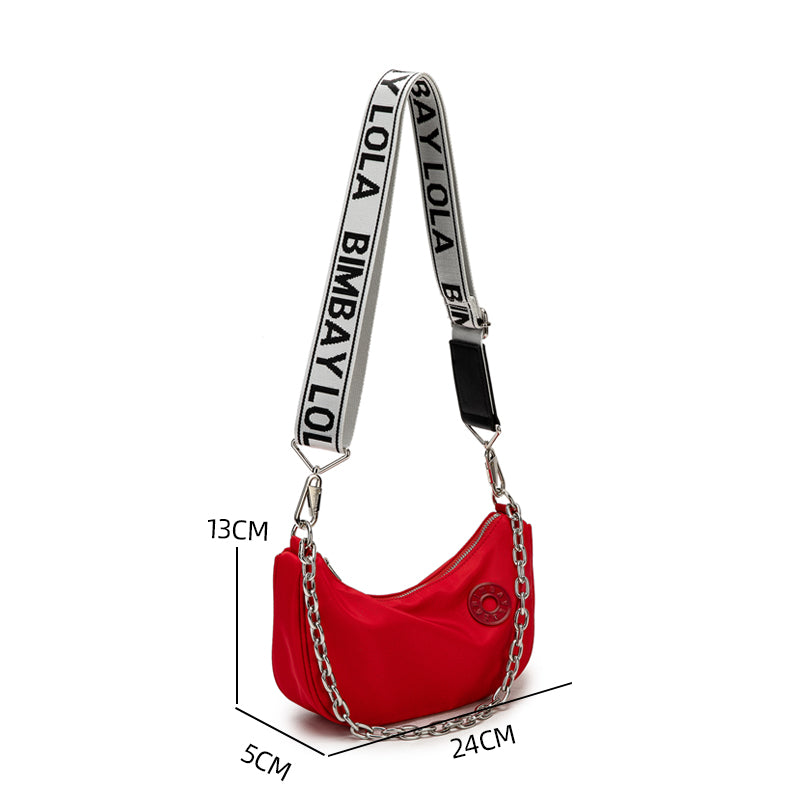 Red Crescent Crossbody Bag – Lightweight Nylon Shoulder Bag with Chain Detail & Logo Strap