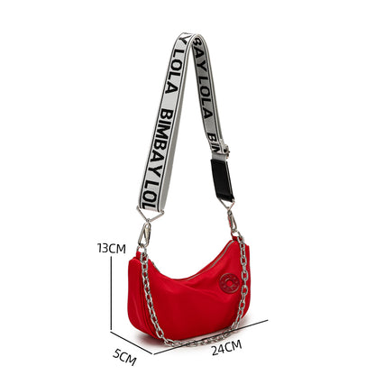Red Crescent Crossbody Bag – Lightweight Nylon Shoulder Bag with Chain Detail & Logo Strap