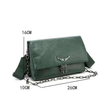 Emerald Green Wing Accent Leather Crossbody Bag – Chic Chain Shoulder Purse