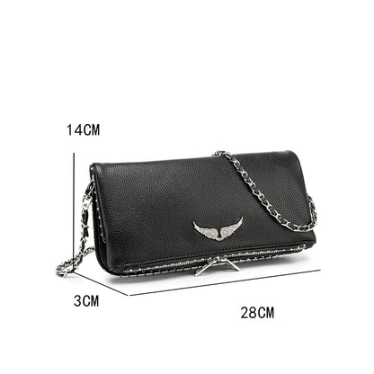 Classic Wing Logo Black Leather Clutch Bag – Chain Crossbody Shoulder BagWhether styled as a clutch or worn crossbody, this piece elevates any outfit with ease