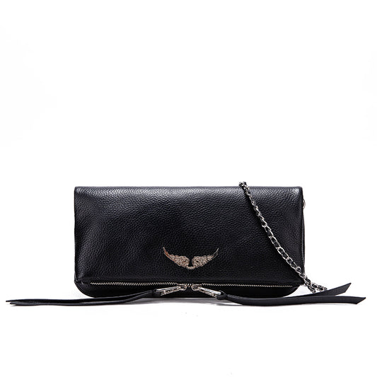 Wing Logo Black Leather Chain Clutch Bag – Minimal Luxury Crossbody PurseCompact, elegant, and versatile—this is the kind of bag that completes your outfit without trying too hard