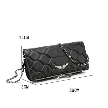 Hexagon Quilted Black Leather Clutch Bag – Wing Logo Chain Crossbody PurseDesigned for versatility, it can be worn as a clutch or crossbody—perfect for both casual and elevated looks