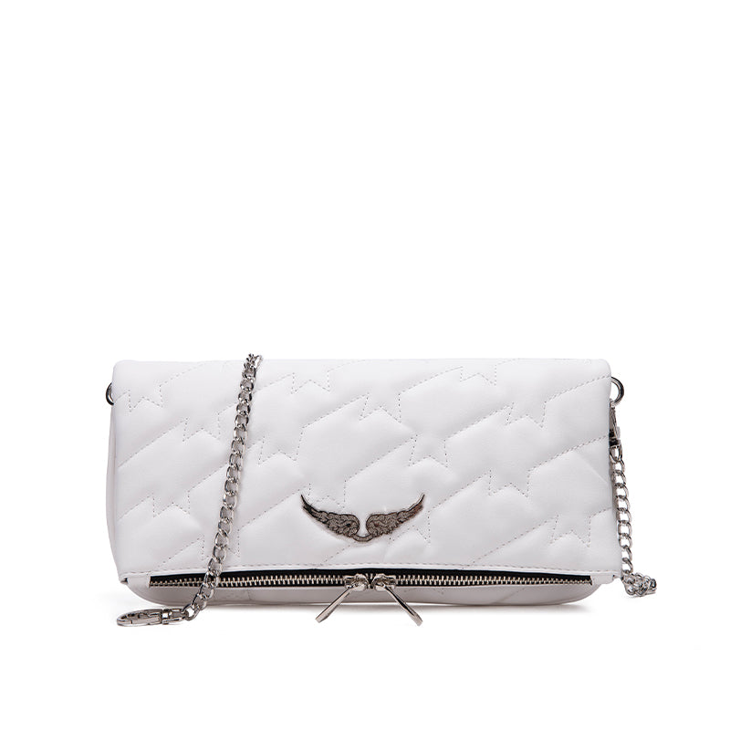 Quilted Star Pattern Black Leather Clutch Bag – Wing Logo Chain Crossbody BagPerfectly sized for essentials, it transitions effortlessly from daywear to evening chic