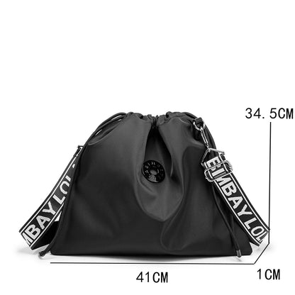 Minimalist Drawstring Bucket Bag – Lightweight Nylon Crossbody Shoulder Bag with Logo Strap