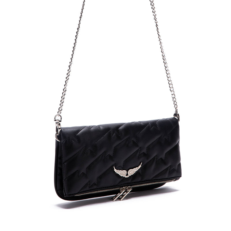 Quilted Star Pattern Black Leather Clutch Bag – Wing Logo Chain Crossbody BagPerfectly sized for essentials, it transitions effortlessly from daywear to evening chic