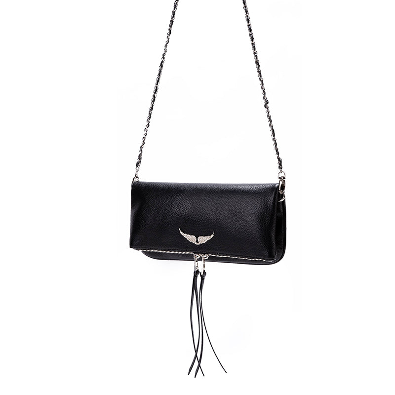 Wing Logo Black Leather Chain Clutch Bag – Minimal Luxury Crossbody PurseCompact, elegant, and versatile—this is the kind of bag that completes your outfit without trying too hard