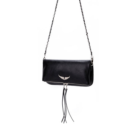 Wing Logo Black Leather Chain Clutch Bag – Minimal Luxury Crossbody PurseCompact, elegant, and versatile—this is the kind of bag that completes your outfit without trying too hard