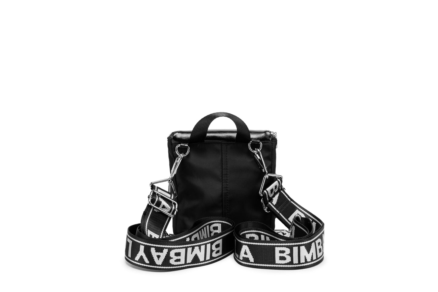 A modern mini backpack-inspired crossbody bag designed for everyday convenience. Crafted from durable black nylon with multiple front pockets and bold logo straps, it combines street-style aesthetics with practical storage