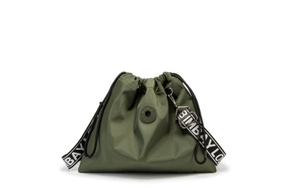 Minimalist Drawstring Bucket Bag – Lightweight Nylon Crossbody Shoulder Bag with Logo Strap