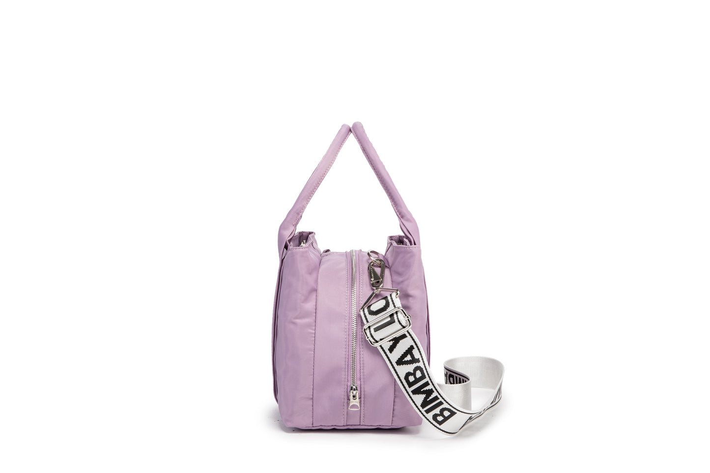 A stylish and structured mini tote designed for everyday elegance. Crafted from durable lightweight nylon in a soft lavender tone, it features dual top handles and a bold adjustable logo strap for versatile carry options