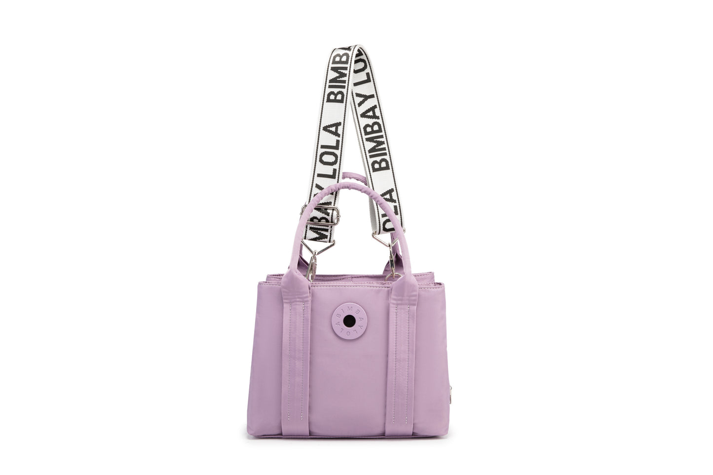 A stylish and structured mini tote designed for everyday elegance. Crafted from durable lightweight nylon in a soft lavender tone, it features dual top handles and a bold adjustable logo strap for versatile carry options