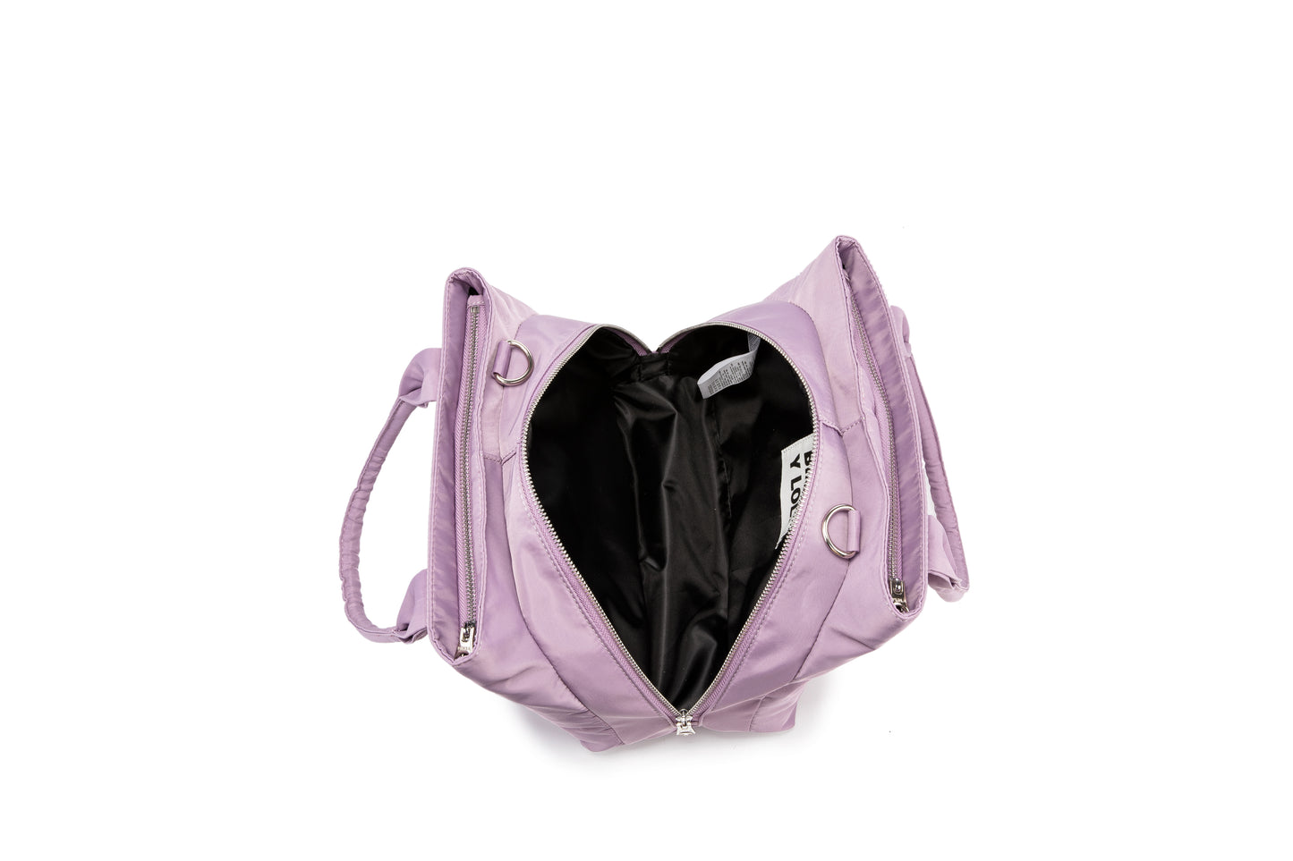A stylish and structured mini tote designed for everyday elegance. Crafted from durable lightweight nylon in a soft lavender tone, it features dual top handles and a bold adjustable logo strap for versatile carry options