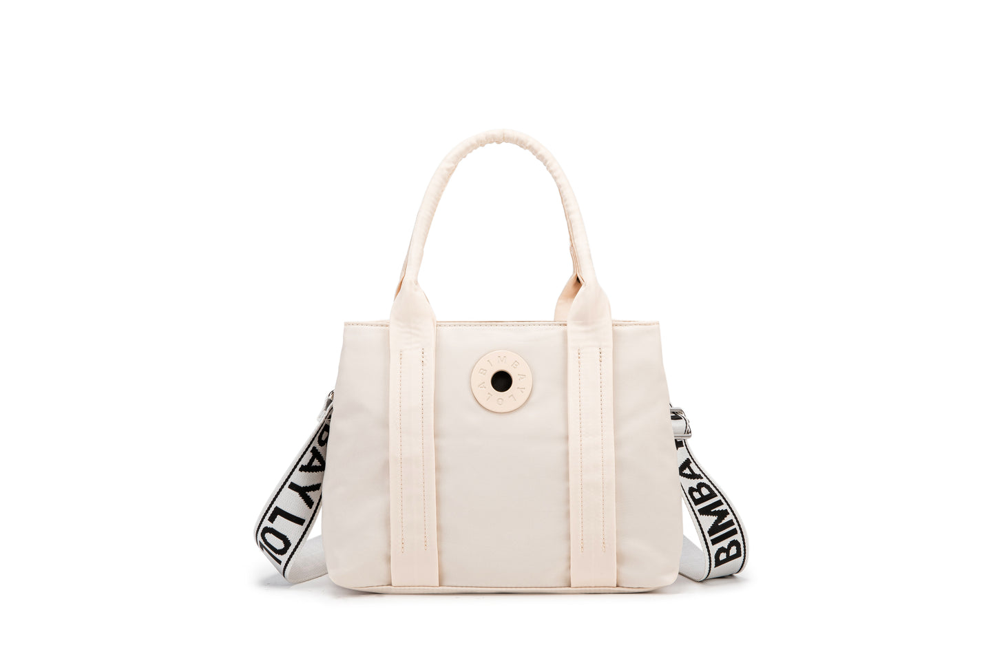 A stylish and structured mini tote designed for everyday elegance. Crafted from durable lightweight nylon in a soft lavender tone, it features dual top handles and a bold adjustable logo strap for versatile carry options