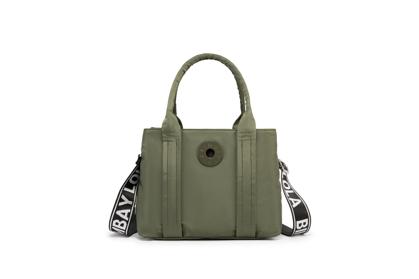 A stylish and structured mini tote designed for everyday elegance. Crafted from durable lightweight nylon in a soft lavender tone, it features dual top handles and a bold adjustable logo strap for versatile carry options