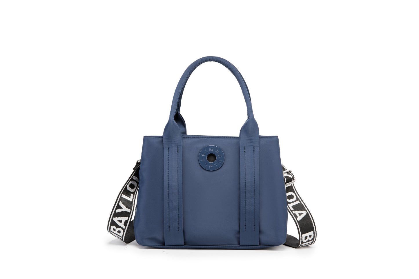 A stylish and structured mini tote designed for everyday elegance. Crafted from durable lightweight nylon in a soft lavender tone, it features dual top handles and a bold adjustable logo strap for versatile carry options