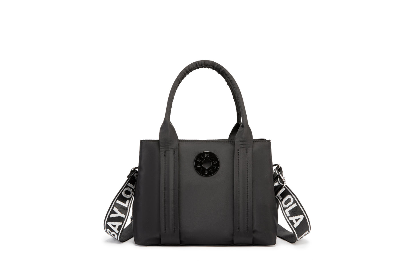 A stylish and structured mini tote designed for everyday elegance. Crafted from durable lightweight nylon in a soft lavender tone, it features dual top handles and a bold adjustable logo strap for versatile carry options