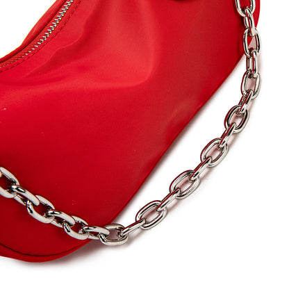 Red Crescent Crossbody Bag – Lightweight Nylon Shoulder Bag with Chain Detail & Logo Strap