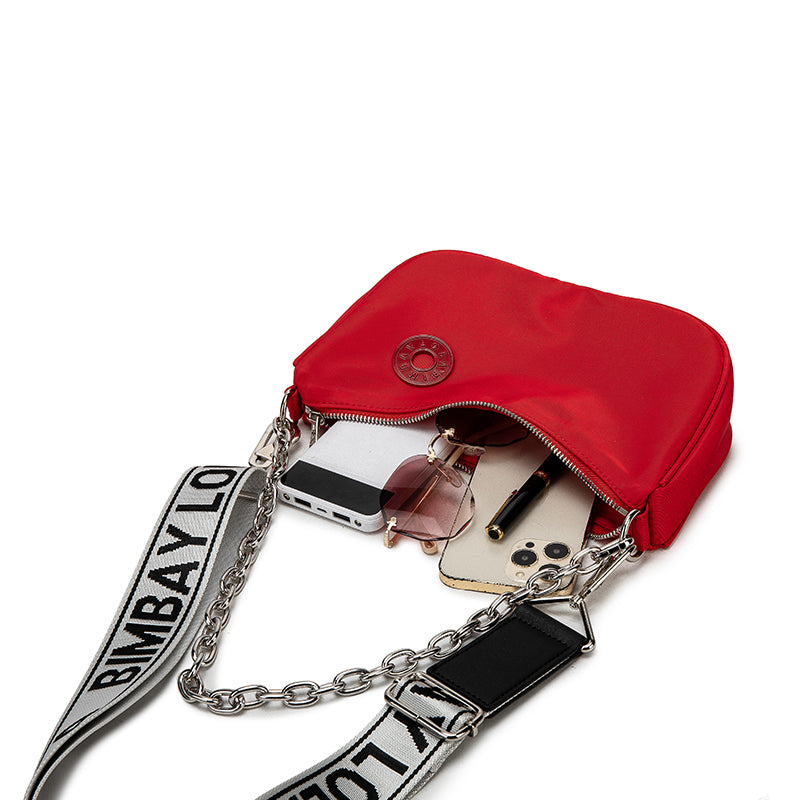Red Crescent Crossbody Bag – Lightweight Nylon Shoulder Bag with Chain Detail & Logo Strap