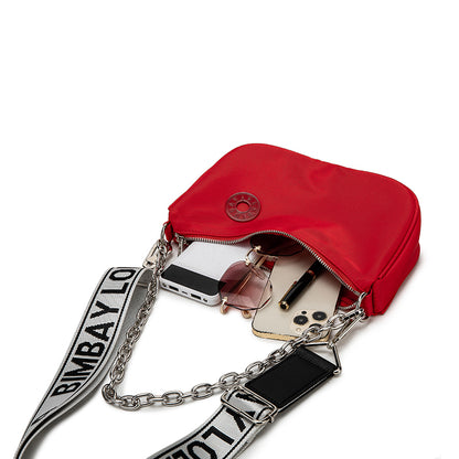 Red Crescent Crossbody Bag – Lightweight Nylon Shoulder Bag with Chain Detail & Logo Strap