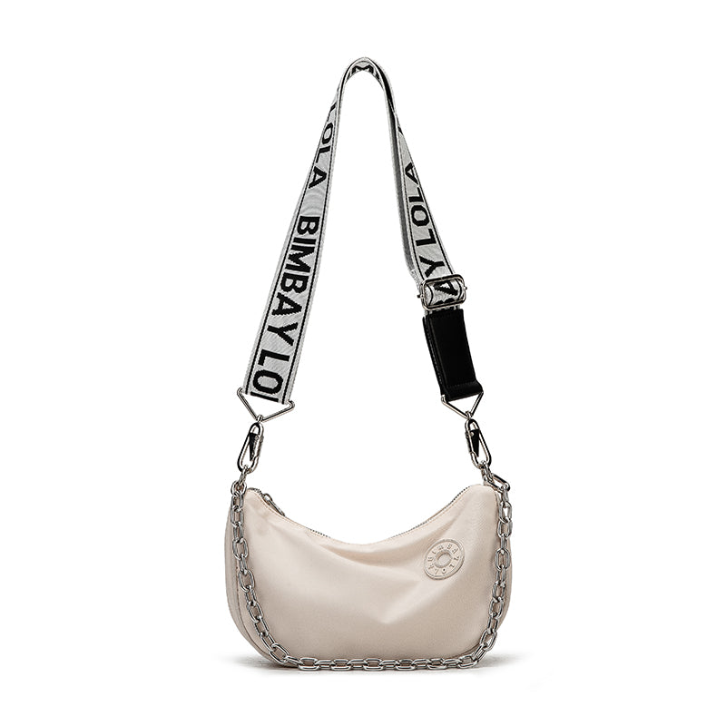 Red Crescent Crossbody Bag – Lightweight Nylon Shoulder Bag with Chain Detail & Logo Strap