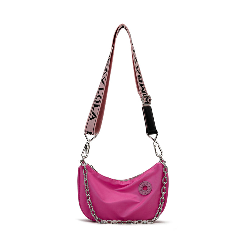 Red Crescent Crossbody Bag – Lightweight Nylon Shoulder Bag with Chain Detail & Logo Strap