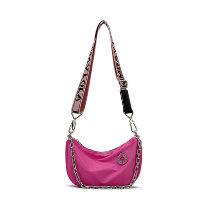 Red Crescent Crossbody Bag – Lightweight Nylon Shoulder Bag with Chain Detail & Logo Strap