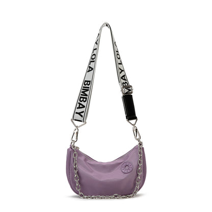 Red Crescent Crossbody Bag – Lightweight Nylon Shoulder Bag with Chain Detail & Logo Strap