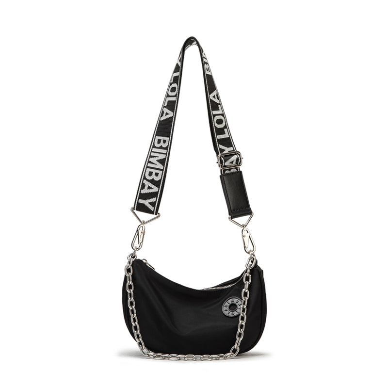 Red Crescent Crossbody Bag – Lightweight Nylon Shoulder Bag with Chain Detail & Logo Strap