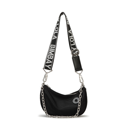 Red Crescent Crossbody Bag – Lightweight Nylon Shoulder Bag with Chain Detail & Logo Strap