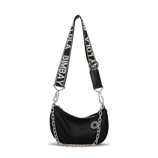 Red Crescent Crossbody Bag – Lightweight Nylon Shoulder Bag with Chain Detail & Logo Strap