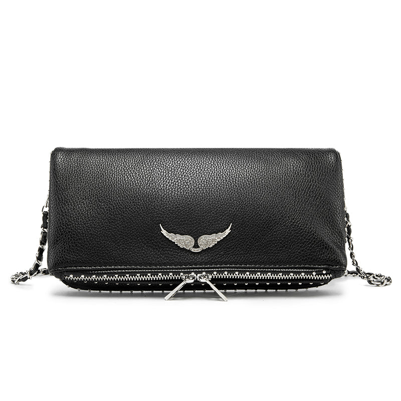 Classic Wing Logo Black Leather Clutch Bag – Chain Crossbody Shoulder BagWhether styled as a clutch or worn crossbody, this piece elevates any outfit with ease