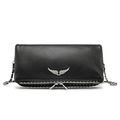 Classic Wing Logo Black Leather Clutch Bag – Chain Crossbody Shoulder BagWhether styled as a clutch or worn crossbody, this piece elevates any outfit with ease
