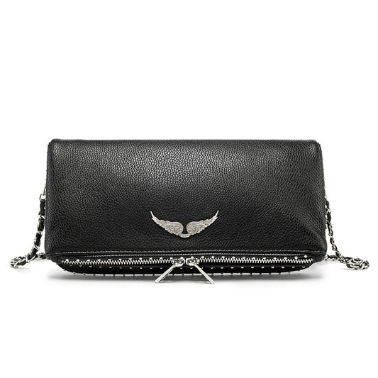 Classic Wing Logo Black Leather Clutch Bag – Chain Crossbody Shoulder BagWhether styled as a clutch or worn crossbody, this piece elevates any outfit with ease