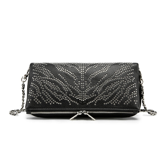 Turn heads wherever you go with this dazzling rhinestone-studded crossbody bag. Designed with a striking symmetrical crystal pattern on premium black textured leather, this piece brings together elegance, glamour, and a bold fashion edge.
