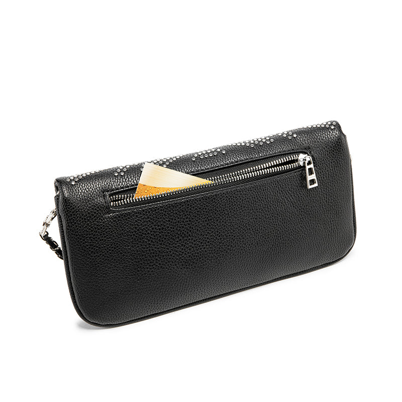 Turn heads wherever you go with this dazzling rhinestone-studded crossbody bag. Designed with a striking symmetrical crystal pattern on premium black textured leather, this piece brings together elegance, glamour, and a bold fashion edge.