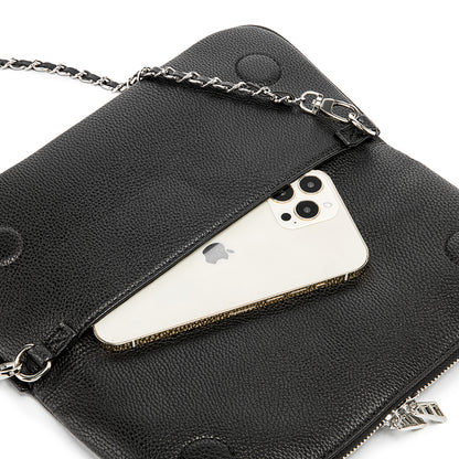Turn heads wherever you go with this dazzling rhinestone-studded crossbody bag. Designed with a striking symmetrical crystal pattern on premium black textured leather, this piece brings together elegance, glamour, and a bold fashion edge.