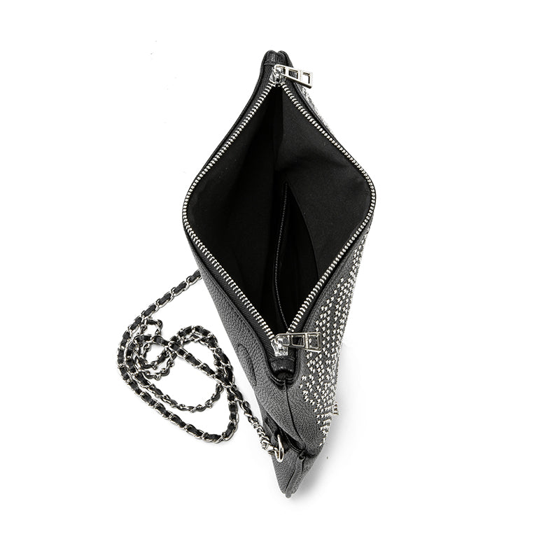 Turn heads wherever you go with this dazzling rhinestone-studded crossbody bag. Designed with a striking symmetrical crystal pattern on premium black textured leather, this piece brings together elegance, glamour, and a bold fashion edge.