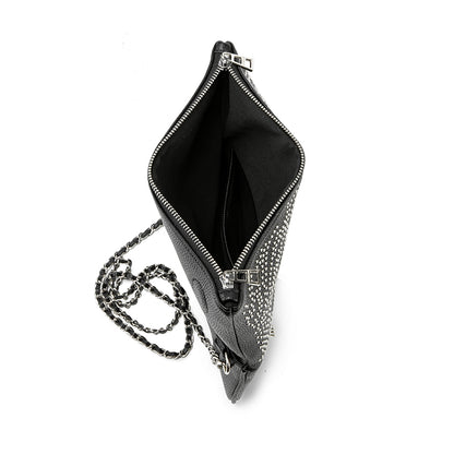 Turn heads wherever you go with this dazzling rhinestone-studded crossbody bag. Designed with a striking symmetrical crystal pattern on premium black textured leather, this piece brings together elegance, glamour, and a bold fashion edge.