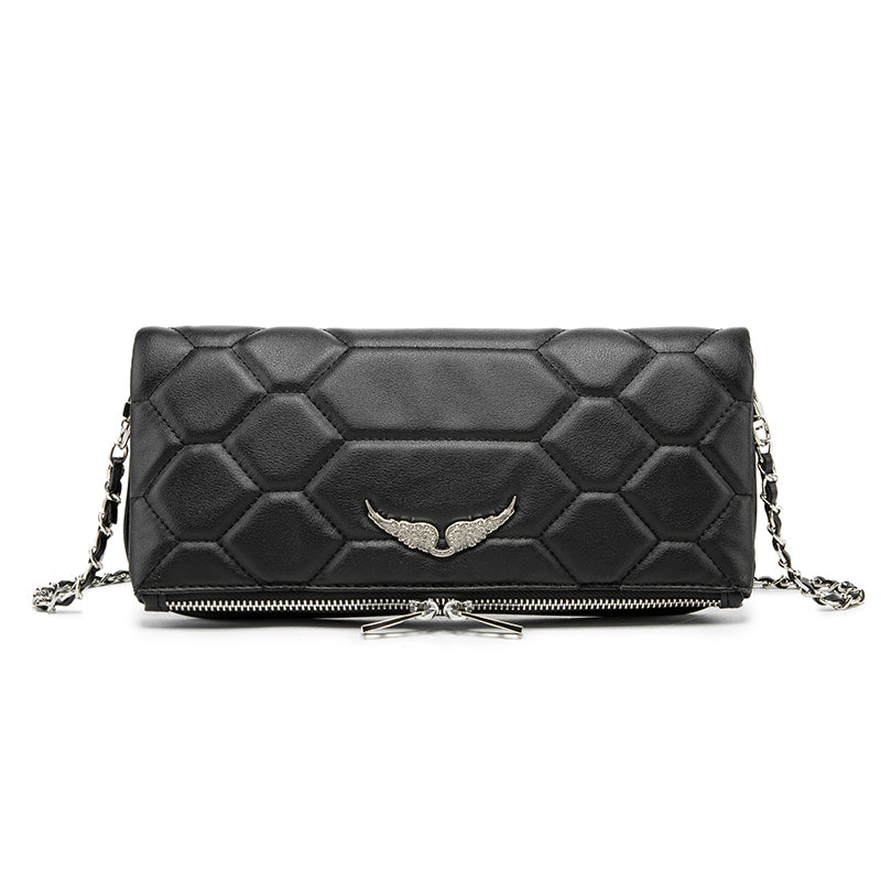 Hexagon Quilted Black Leather Clutch Bag – Wing Logo Chain Crossbody PurseDesigned for versatility, it can be worn as a clutch or crossbody—perfect for both casual and elevated looks