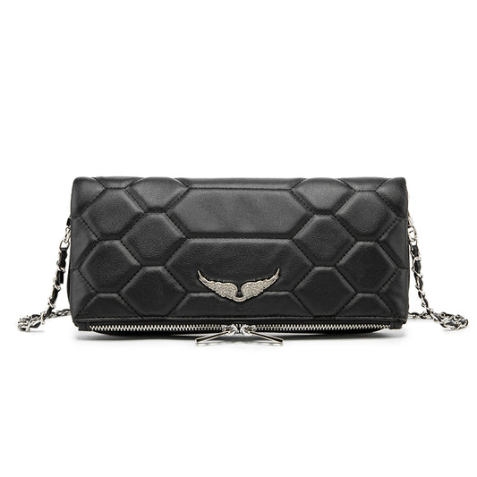Hexagon Quilted Black Leather Clutch Bag – Wing Logo Chain Crossbody PurseDesigned for versatility, it can be worn as a clutch or crossbody—perfect for both casual and elevated looks