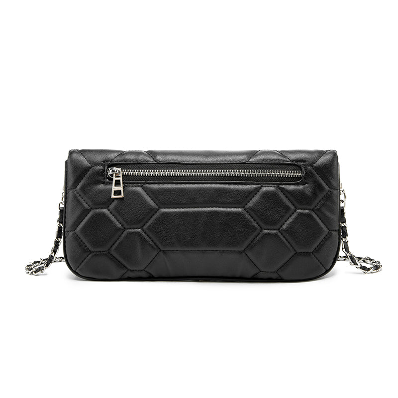 Hexagon Quilted Black Leather Clutch Bag – Wing Logo Chain Crossbody PurseDesigned for versatility, it can be worn as a clutch or crossbody—perfect for both casual and elevated looks