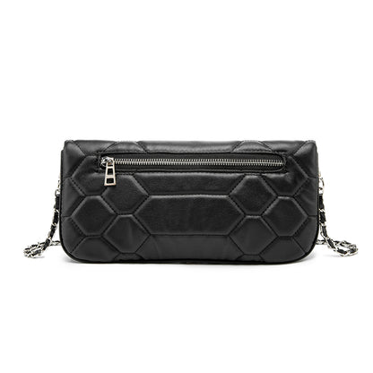 Hexagon Quilted Black Leather Clutch Bag – Wing Logo Chain Crossbody PurseDesigned for versatility, it can be worn as a clutch or crossbody—perfect for both casual and elevated looks