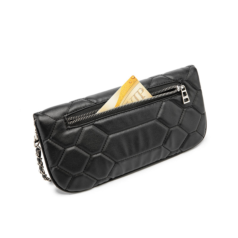 Hexagon Quilted Black Leather Clutch Bag – Wing Logo Chain Crossbody PurseDesigned for versatility, it can be worn as a clutch or crossbody—perfect for both casual and elevated looks