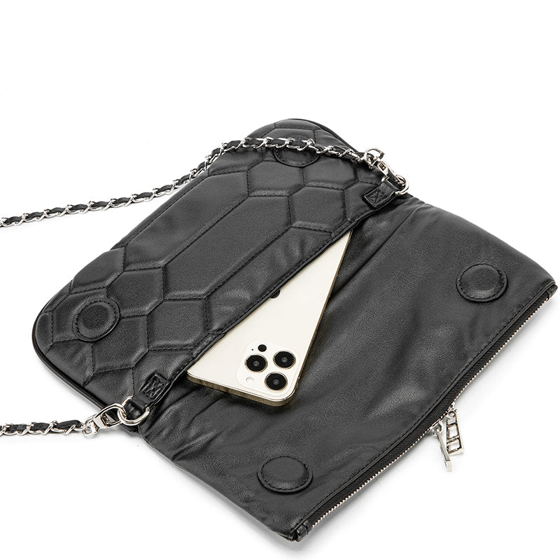 Hexagon Quilted Black Leather Clutch Bag – Wing Logo Chain Crossbody PurseDesigned for versatility, it can be worn as a clutch or crossbody—perfect for both casual and elevated looks