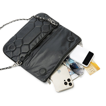 Hexagon Quilted Black Leather Clutch Bag – Wing Logo Chain Crossbody PurseDesigned for versatility, it can be worn as a clutch or crossbody—perfect for both casual and elevated looks