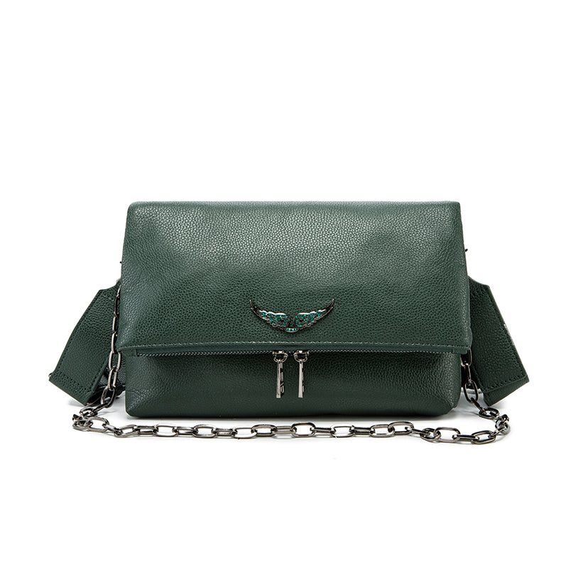 Emerald Green Wing Accent Leather Crossbody Bag – Chic Chain Shoulder Purse
