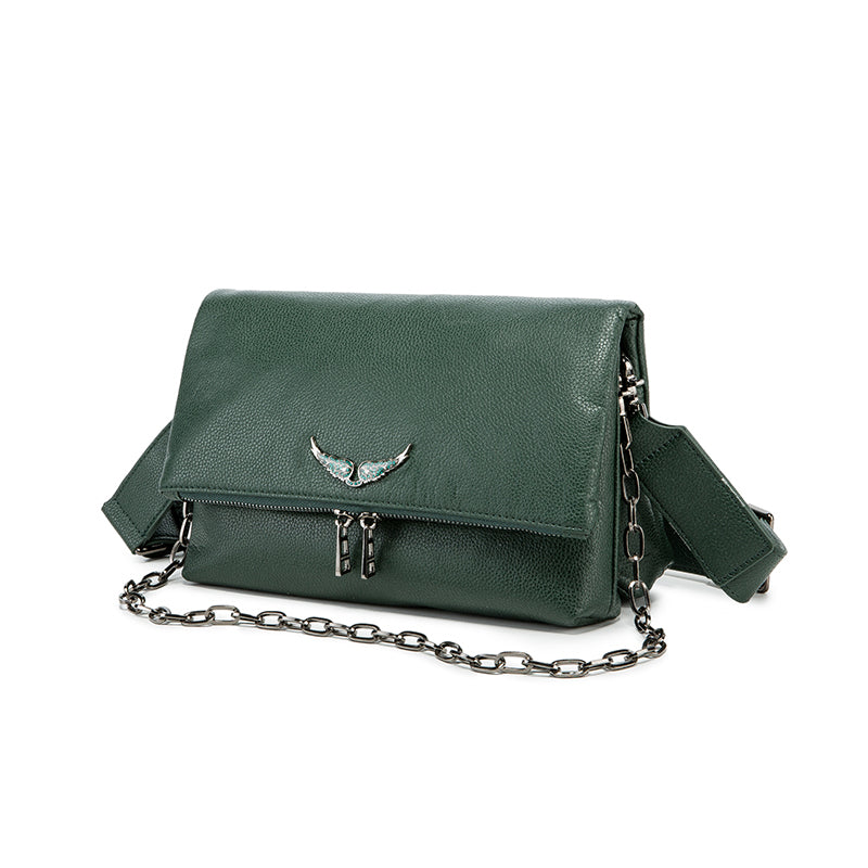 Emerald Green Wing Accent Leather Crossbody Bag – Chic Chain Shoulder Purse
