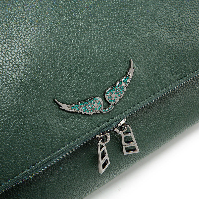 Emerald Green Wing Accent Leather Crossbody Bag – Chic Chain Shoulder Purse